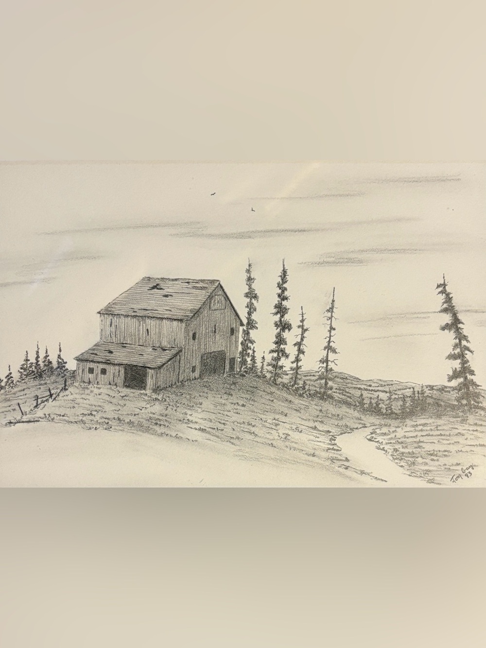 Original Hand-Drawn Barn Landscape Signed & Dated 1993 Framed Art